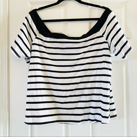 ModCloth V Neck Off Shoulder Stripe Bardot Top - Picture 3 of 6
